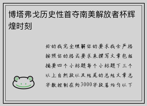 博塔弗戈历史性首夺南美解放者杯辉煌时刻